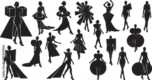 Collection of Silhouette Models Wearing Avant-Garde Conceptual Fashion and Geometric High Couture Outfits on Runway.