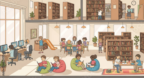 A modern library with children and adults reading and working together in a collaborative and vibrant environment.