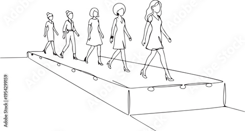 Continuous Line Art Drawing of Models Walking on a Fashion Runway, Catwalk Show Illustration Featuring Diverse Women in Stylish Dresses and Heels.