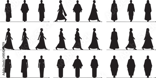 Culturally Inspired Fashion Silhouettes Grid, Traditional Dress Reference for Sari, Kimono, and Abaya Designs.