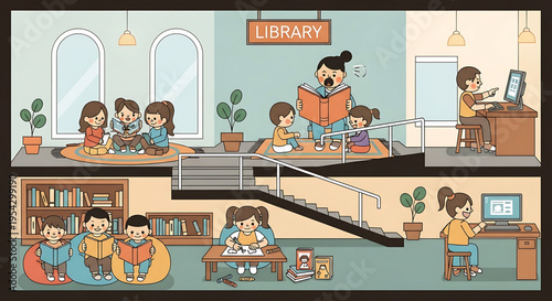 A vibrant illustration of a modern library with people reading and studying in a collaborative environment