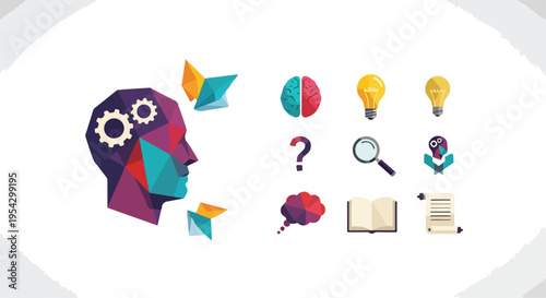 Creative polygonal human head with gears and a set of 9 knowledge and idea icons vector illustration