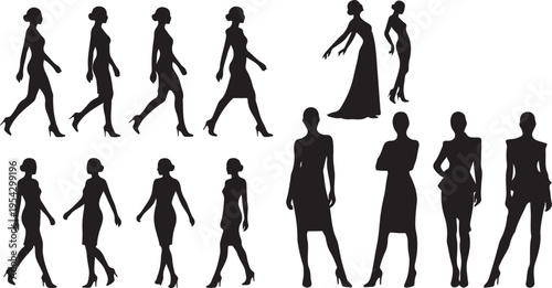 Fashion Model Silhouettes Collection featuring Runway Walking Cycle, Turning Sequence, Standing Poses, and Elegant Catwalk Posture Variations.