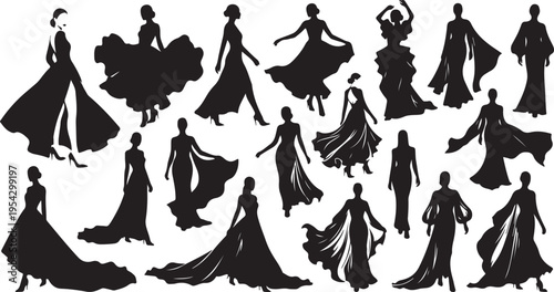 Elegant women silhouettes collection wearing luxury evening dresses, long gowns, and ball gowns for gala or red carpet events.