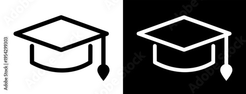 Graduation cap icon in minimal outline style. Simple linear pictogram with clean shape and tassel detail, isolated on black and white background. Scalable vector illustration.