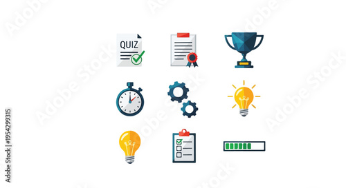 Set of 9 Flat Design Business and Education Icons Vector: Quiz, Certificate, Trophy, Stopwatch, Gears, Lightbulbs, Checklist, Progress Bar