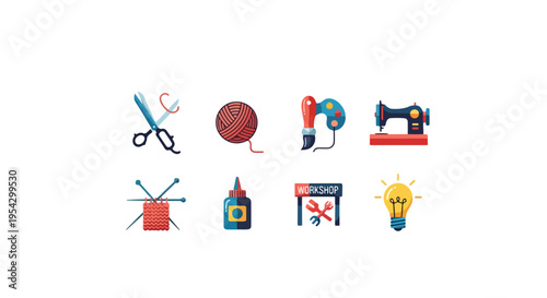 Set of 8 colorful craft and DIY workshop vector icons including scissors, yarn, sewing machine, and glue