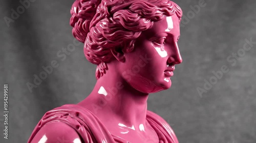 Pink statue of womans head.