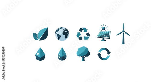 Set of 9 blue and green flat design ecology and environment vector icons for sustainability projects