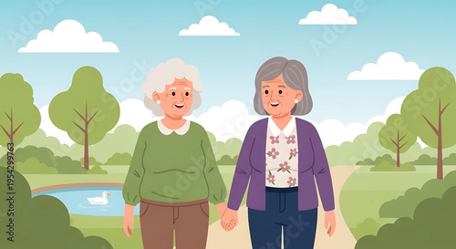 Two elderly women walking hand in hand in a serene park on a sunny day