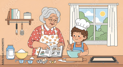 A heartwarming illustration of a grandmother and grandchild baking together in a cozy kitchen