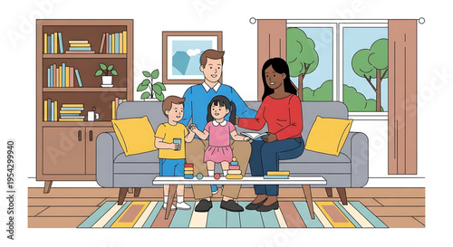 A diverse family enjoying quality time together in a cozy living room with a couch, coffee table, and bookshelf.