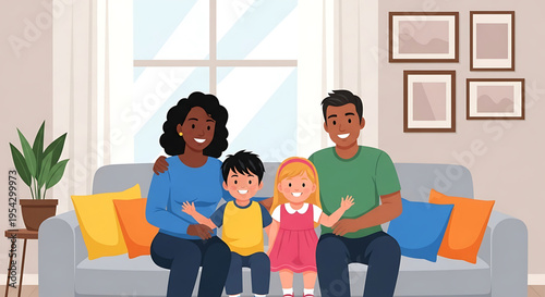 A happy family of four sitting together on a couch in a cozy living room with a large window