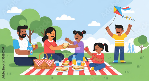 A happy family enjoying a picnic in a park on a sunny day with a colorful kite