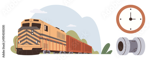 Transportation, logistics, punctuality, railway travel, time management, industrial operations. Freight train with cargo cars. Transportation and logistics concept