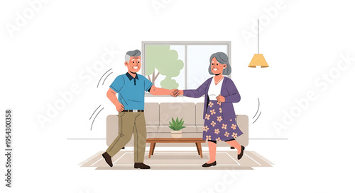 A cartoon illustration of an elderly couple dancing together in a cozy living room with a modern design
