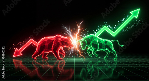 Bull vs bear market: Financial Volatility Concept with Holographic Data Visualization