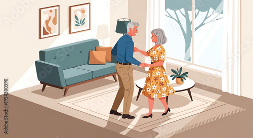 An elderly couple dancing together in a cozy living room with modern furniture and decor