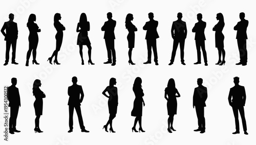 Business people silhouettes, group of standing business men and women , business team standing together
