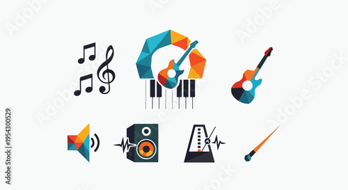 Set of 7 colorful music instrument and sound vector icons for creative design projects