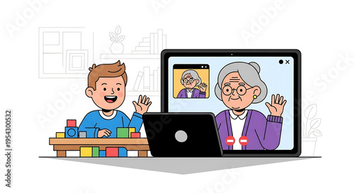 A cartoon boy video chatting with an elderly woman on a laptop and tablet