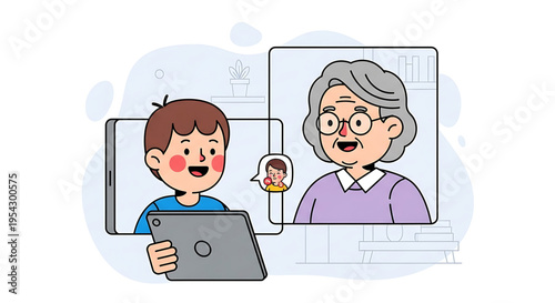 A young boy video chatting with his grandmother on a tablet and smartphone