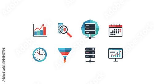Set of 8 data analysis and business intelligence vector icons for marketing and technology