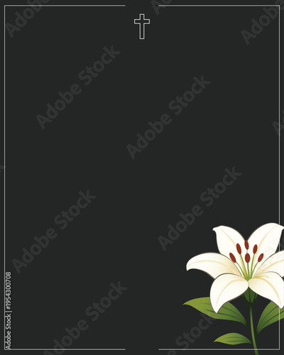 Funeral card. white flowers on black background.