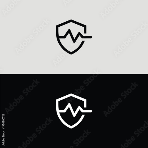 A sharp black outline shield strongly embraces a clear, angular EKG heartbeat line, representing decisive medical protection and vigilant health monitoring services.