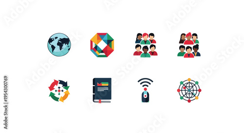Set of 8 colorful flat design vector icons for global communication, teamwork, and networking