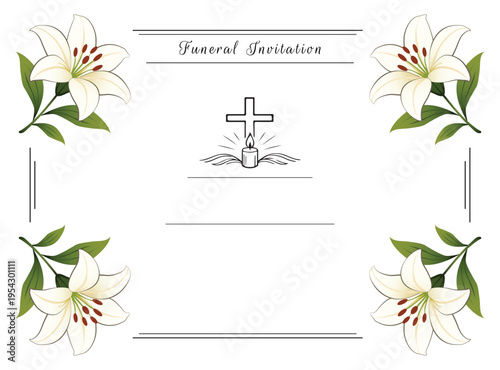 card with flowers and ribbon. Funeral invitation 