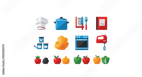 Set of 12 Flat Design Cooking and Kitchen Utensil Icons Vector for Recipe Websites and Food Blogs