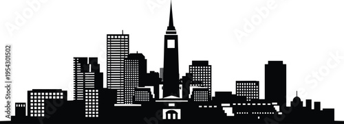 Minimalist black city skyline silhouette with modern skyscrapers and urban buildings isolated on white background panoramic downtown architecture vector style illustration for design