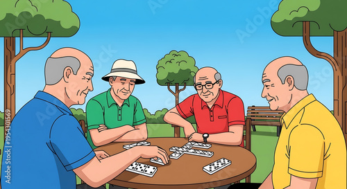 A group of senior men playing cards together outdoors in a park on a sunny day