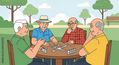 A group of senior men playing dominoes in a park on a sunny day
