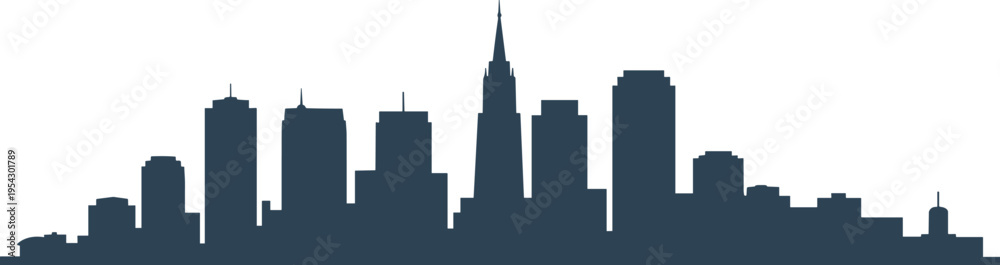 Obraz premium Modern city skyline silhouette with skyscrapers and urban buildings, minimal downtown cityscape vector illustration isolated on background for architecture, travel, tourism and urban design