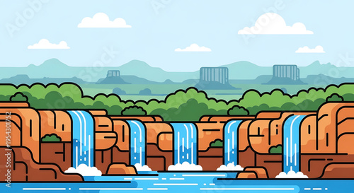 A vibrant cartoon illustration of a scenic waterfall landscape with rocky cliffs and lush greenery
