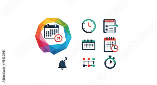Set of 7 colorful flat design vector icons for time management, calendar, schedule, and planning