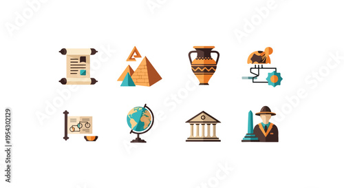 Set of 8 flat vector history and archaeology icons including ancient scroll, pyramids, amphora, and museum