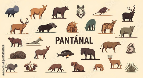 A vibrant vector graphic illustration of various Pantanal wildlife animals and plants in a flat design style