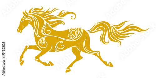 A majestic golden horse with flowing mane and tail depicted in a decorative tribal style art form Vector
