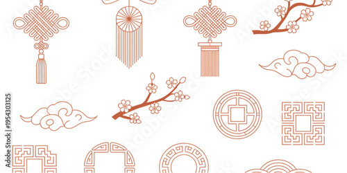 Collection of traditional chinese decorative elements featuring knots flowers and patterns Vector