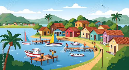 A vibrant cartoon illustration of a tropical coastal village with colorful houses, boats, and palm trees.