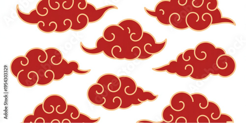 A collection of traditional chinese style red clouds with golden outlines for cultural design art Vector