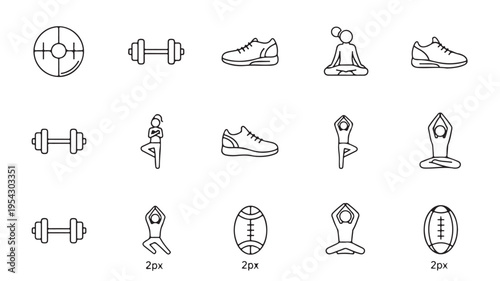 Collection of simple line art icons representing fitness and wellness activities