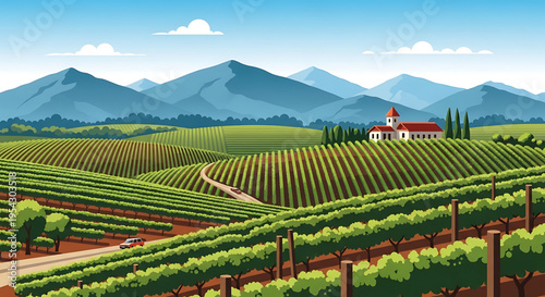 A serene vector illustration of a vineyard landscape with a church and mountains in the background