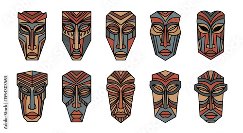 Abstract tribal mask icon set, 9 masks in one frame, symmetrical geometric faces, bold black lines, minimal color palette, grid layout, clean vector, isolated background, no text