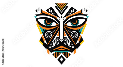 Modern tribal mask fusion, abstract face with exaggerated eyes and sharp angular patterns, mix of traditional tribal motifs and contemporary geometry, high contrast colors, flat vector illustration, s