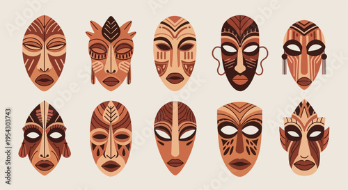 A collection of abstract tribal masks with intricate designs and earthy tones on a neutral background