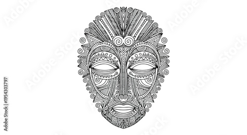 A detailed abstract tribal mask with intricate designs and patterns on a plain white background